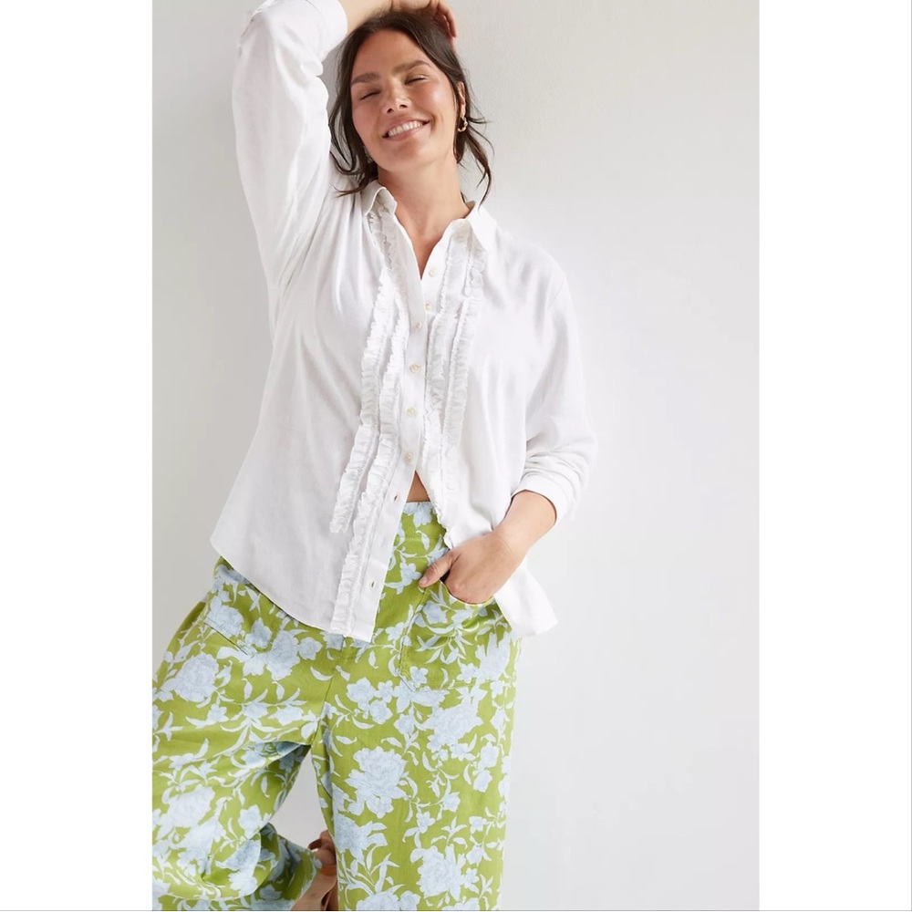 Anthropologie Pilcro Ruffled Linen Blend Buttondown